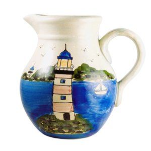 Nautical Themed Large Pitcher Coastal Beach House Lighthouse WCL Pottery Ceramic